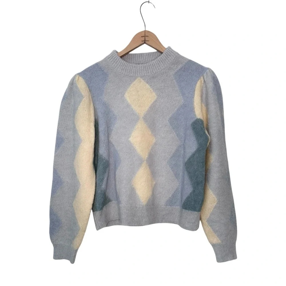 J. CREW Diamond Checked Argyle Cropped Crewneck Sweater Blue Cream Size Small
